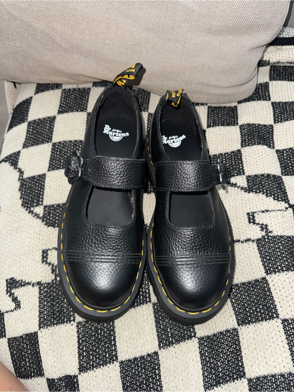 New Dr. Martens Black Addina flower Mary Jane Shoes with Yellow Stitching